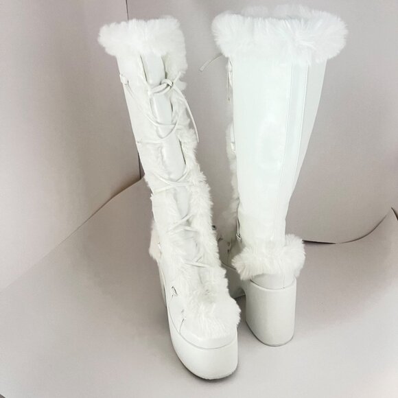 White Faux Fur Goth Platform Knee High Boots With Zippers Size 41 - Picture 2 of 16